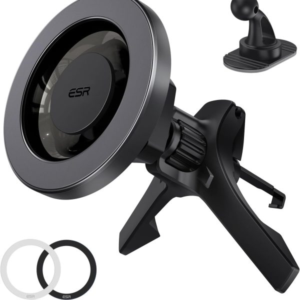 ESR حامل جوال مغناطيسي للسيارة من ماج سيف يثبت على فتحة التهوية والتابلوه لموبايل ايفون 17/16/اس 25/جوجل بيكسل 10، جميع الهواتف الذكية (تتضمن حلقتين معدنيتين)، الشحن غير مدعوم