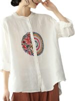 قميص كتان مطرز بنمط أدبي رترو للنساء للربيع والصيف، قمصان كاجوال فضفاضة بياقة واقفة واكمام طويلة