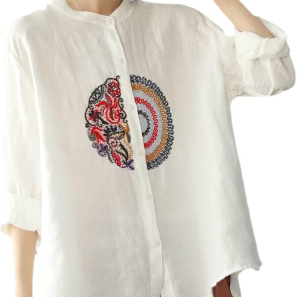 قميص كتان مطرز بنمط أدبي رترو للنساء للربيع والصيف، قمصان كاجوال فضفاضة بياقة واقفة واكمام طويلة