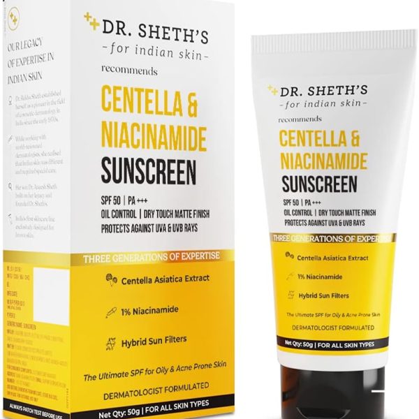 دي آر. شيثز واقي من الشمس بعامل حماية من الشمس 50 Pa+++ للبشرة الدهنية والمعرضة لحب الشباب من سينتيلا اند نياسيناميد، مقاوم للعرق والماء، ملمس جاف، يتحكم في الزيت الزائد، يحمي من الاشعة فوق البنفسجية