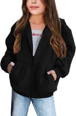 سويت شيرت بغطاء للرأس وسوستة للبنات بتصميم عصري كبير الحجم واكمام طويلة وجيوب لعمر 7-14 سنة