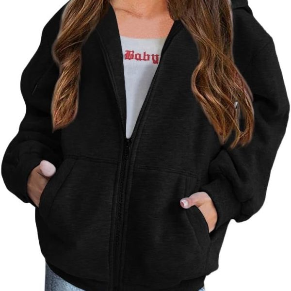 سويت شيرت بغطاء للرأس وسوستة للبنات بتصميم عصري كبير الحجم واكمام طويلة وجيوب لعمر 7-14 سنة