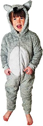 ⁦Onesie for Boys or Girls Fluffy Grey Wolf with Tail World Book Day -Animal Super Soft Fleece Costumes AllinOnes in Kids Ages 2-13 Years⁩ - الصورة ⁦3⁩