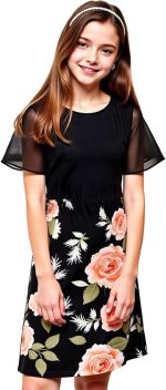 طقم فستان للبنات من اكسولينوفا، بلوزة تشبه القطن باكمام مكشكشة وتنورة زهور قابلة للتمدد، فستان حفلات من قطعة واحدة للصيف، قماش مرن وجيد التهوية، للاعمار من 8 الى 12 سنة، مثالي للاحتفالات والتجمعات