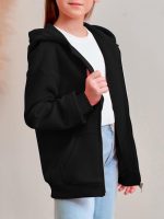 ⁦سويت شيرت بغطاء للرأس وسوستة للبنات بتصميم عصري كبير الحجم واكمام طويلة وجيوب لعمر 7-14 سنة⁩ - الصورة ⁦3⁩