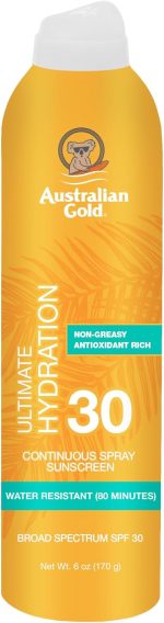 استراليان جولد بخاخ مستمر، واقي من الشمس بعامل وقاية من اشعة الشمس 30، 6 اونصة، يجف بسرعة وواسع الطيف ومقاوم للماء وغير دهني من الاوكسي بنزون ولم يتم اختباره على الحيوانات