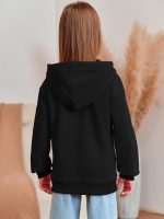 ⁦سويت شيرت بغطاء للرأس وسوستة للبنات بتصميم عصري كبير الحجم واكمام طويلة وجيوب لعمر 7-14 سنة⁩ - الصورة ⁦5⁩