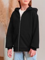 ⁦سويت شيرت بغطاء للرأس وسوستة للبنات بتصميم عصري كبير الحجم واكمام طويلة وجيوب لعمر 7-14 سنة⁩ - الصورة ⁦2⁩