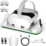 كاستويف قاعدة شحن لميتا كويست 3/3S، محطة شحن الواقع الافتراضي مع مؤشر LED، قاعدة شحن مزدوجة لوحدات التحكم وسماعات الرأس، حامل شاحن سريع لـ 3 وحدات تحكم