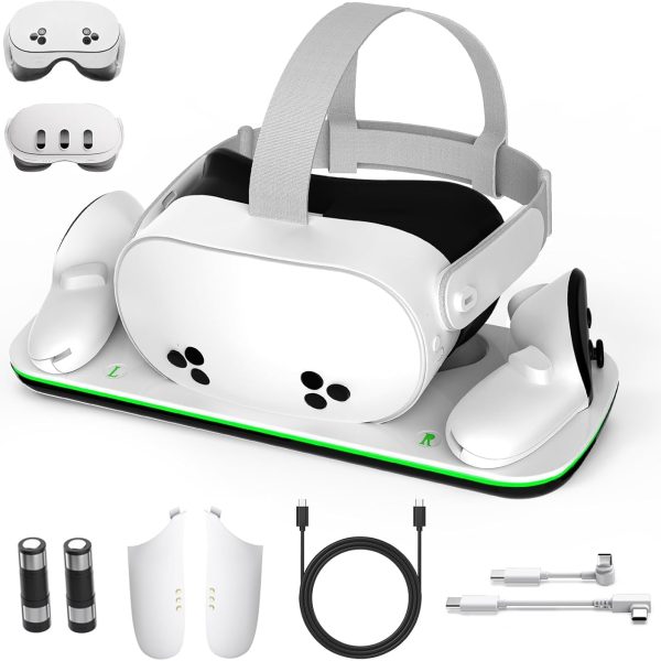 كاستويف قاعدة شحن لميتا كويست 3/3S، محطة شحن الواقع الافتراضي مع مؤشر LED، قاعدة شحن مزدوجة لوحدات التحكم وسماعات الرأس، حامل شاحن سريع لـ 3 وحدات تحكم