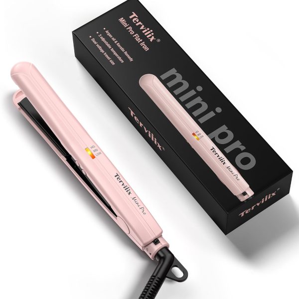 مكواة فرد الشعر المسطحة الصغيرة من تيرفيكس، درجة حرارة قابلة للتعديل، حجم السفر، الواح سيراميك 1/2 انش، جهد مزدوج، ايقاف تلقائي، زهري