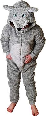 Onesie for Boys or Girls Fluffy Grey Wolf with Tail World Book Day -Animal Super Soft Fleece Costumes AllinOnes in Kids Ages 2-13 Years
