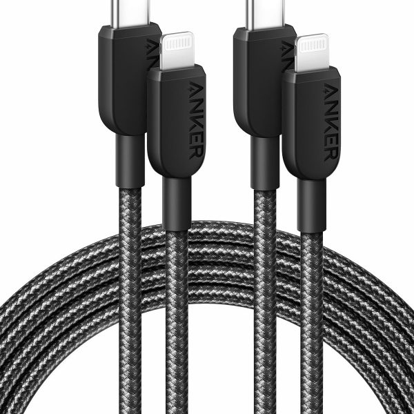 انكر كيبل USB C الى لايتنينج، كيبل مضفر 310 USB-C الى لايتنينج (عبوة من قطعتين، 6 قدم، اسود) معتمد من ام اف اي، كيبل شحن سريع لايفون 14 بلس 14 14 برو ماكس 13 13 برو ايفون 12 (الشاحن غير متضمن)