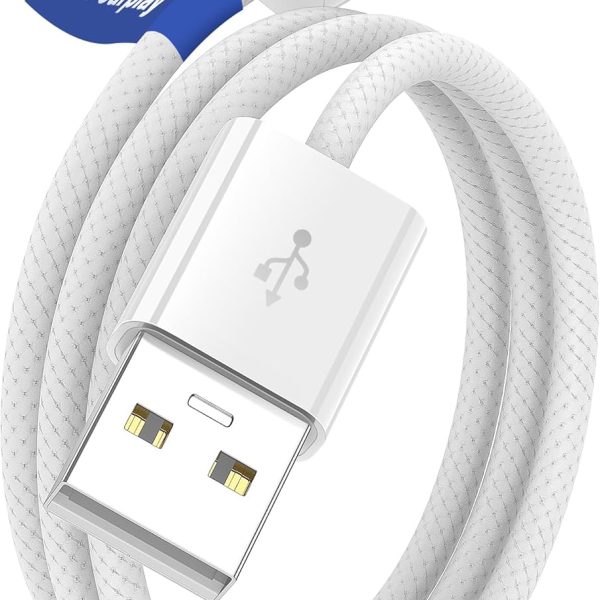 كيبل USB C للكاربلاي، سلك لعب للسيارة لابل ايفون 16 وايفون 15 برو ماكس، USB A الى نوع C، سلك شحن مضفر لنقل البيانات لاجهزة اندرويد اوتو سامسونج جالاكسي S25 S24 S23 3.3 قدم، ابيض