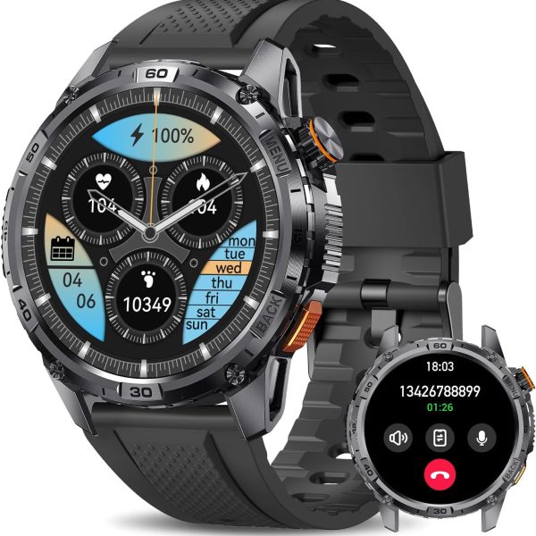 ساعة ذكية عسكرية للرجال من فيتونكلود، 1.54 انش HD، مكالمات بلوتوث، تتبع الصحة، عمر بطارية طويل، مصباح يدوي LED مدمج، مقاومة للماء IP68، متوافقة مع iOS وAndroid، اسود
