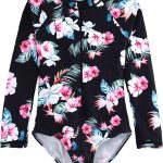 بدلة سباحة للبنات الصغيرات باكمام طويلة وسحاب من قطعة واحدة بعامل حماية من الاشعة فوق البنفسجية 50+ زهور نباتية استوائية للاعمار من 3-12 سنة