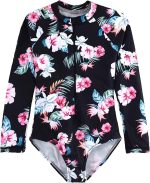 بدلة سباحة للبنات الصغيرات باكمام طويلة وسحاب من قطعة واحدة بعامل حماية من الاشعة فوق البنفسجية 50+ زهور نباتية استوائية للاعمار من 3-12 سنة