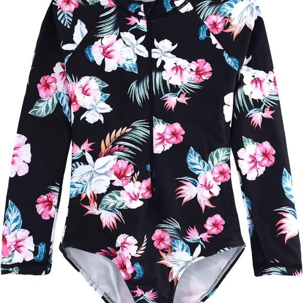 بدلة سباحة للبنات الصغيرات باكمام طويلة وسحاب من قطعة واحدة بعامل حماية من الاشعة فوق البنفسجية 50+ زهور نباتية استوائية للاعمار من 3-12 سنة