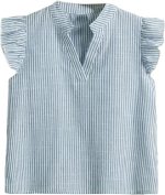 بلوزة نسائية باكمام قصيرة ورقبة مشقوقة وحافة مكشكشة وطبعة جرافيك