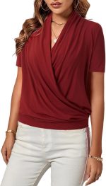 ⁦بلوزة كاجوال بقبة V متقاطعة واكمام قصيرة ولون سادة للنساء⁩ - الصورة ⁦5⁩