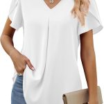 بلوزة شيفون أنيقة 2023 برقبة على شكل حرف V وأكمام قصيرة بتصميم بتلات وقمصان كاجوال للنساء