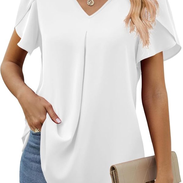 بلوزة شيفون أنيقة 2023 برقبة على شكل حرف V وأكمام قصيرة بتصميم بتلات وقمصان كاجوال للنساء