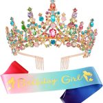 تيجان للنساء من تزويق، تاج متعدد الالوان، تاج ملكة مرصع باحجار الراين الكريستالية مع امشاط، وشاح راس للاميرة، زينة حفلات اعياد الميلاد للفتيات كوينسينيرا، اكسسوارات المسابقات، الوان قوس قزح