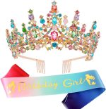 تيجان للنساء من تزويق، تاج متعدد الالوان، تاج ملكة مرصع باحجار الراين الكريستالية مع امشاط، وشاح راس للاميرة، زينة حفلات اعياد الميلاد للفتيات كوينسينيرا، اكسسوارات المسابقات، الوان قوس قزح