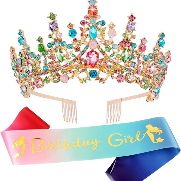 تيجان للنساء من تزويق، تاج متعدد الالوان، تاج ملكة مرصع باحجار الراين الكريستالية مع امشاط، وشاح راس للاميرة، زينة حفلات اعياد الميلاد للفتيات كوينسينيرا، اكسسوارات المسابقات، الوان قوس قزح