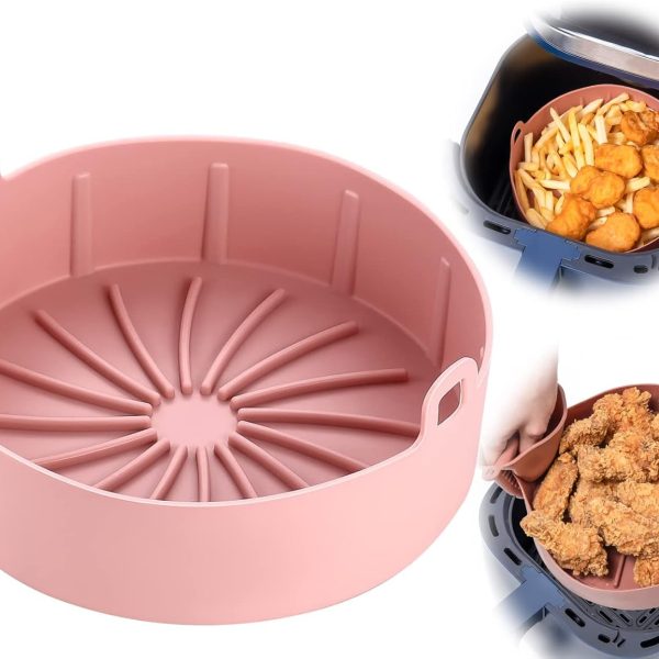 ميكنج تيك بطانات مقلاة هوائية دائرية من السيليكون، وعاء سيليكون قابل لاعادة الاستخدام، وعاء سيليكون سهل التنظيف، ملحقات فرن المقلاة الهوائية (7.5 انش، بينك)