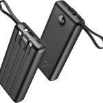 باور بانك 20000 مللي امبير في الساعة من فيجر، شاحن محمول مع كيبلات مدمجة، باور بانك رفيع بمنفذ USB نوع C بـ4 مخارج ومدخلين وشاشة LED، حزمة بطارية شحن سريع متوافقة مع جوالات ايفون وسامسونج - اسود