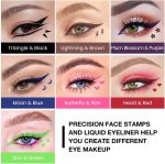 ⁦evpct 7Pcs Colored liquid Eye Liners Face Stamp Cosplay Gothic Makeup Set Kit for Beginners, Black Brown Purple Blue Red Pink Green Star Flowers Heart Moon Triangle Lightning Butterfly Stamps Eyeliner⁩ - الصورة ⁦2⁩