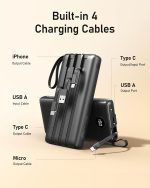 ⁦باور بانك 20000 مللي امبير في الساعة من فيجر، شاحن محمول مع كيبلات مدمجة، باور بانك رفيع بمنفذ USB نوع C بـ4 مخارج ومدخلين وشاشة LED، حزمة بطارية شحن سريع متوافقة مع جوالات ايفون وسامسونج - اسود⁩ - الصورة ⁦3⁩