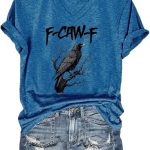 تي شيرت F-Caw-F برقبة على شكل حرف V مضحك مطبوع عليه طائر اسود للنساء