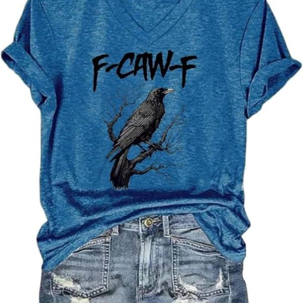 تي شيرت F-Caw-F برقبة على شكل حرف V مضحك مطبوع عليه طائر اسود للنساء