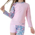 طقم ملابس سباحة للبنات مكون من قطعتين للحماية من الطفح الجلدي لعمر 4-14 سنة بعامل حماية من الاشعة فوق البنفسجية 50+ باكمام طويلة