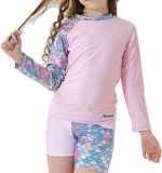 طقم ملابس سباحة للبنات مكون من قطعتين للحماية من الطفح الجلدي لعمر 4-14 سنة بعامل حماية من الاشعة فوق البنفسجية 50+ باكمام طويلة