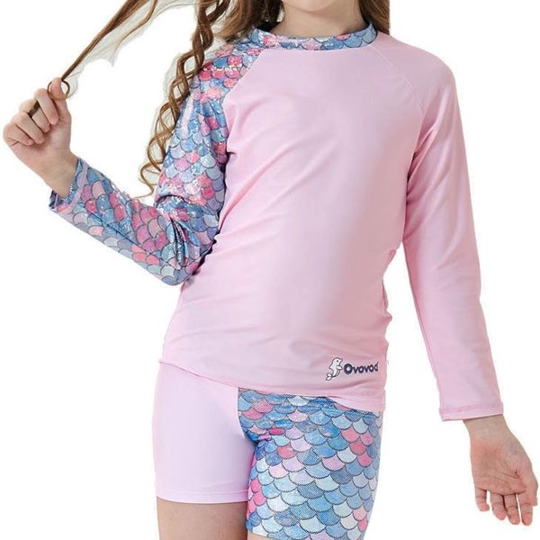 طقم ملابس سباحة للبنات مكون من قطعتين للحماية من الطفح الجلدي لعمر 4-14 سنة بعامل حماية من الاشعة فوق البنفسجية 50+ باكمام طويلة