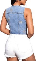 ⁦سترة نسائية من الدنيم برقبة على شكل حرف V غير متساوية Y2K من جورجليتر، سترة جينز قصيرة مزينة بالترتر وازرار سفلية⁩ - الصورة ⁦2⁩