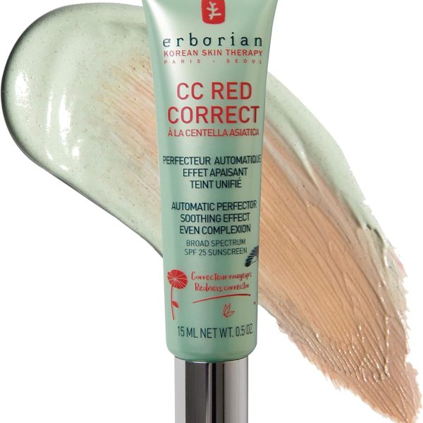 Erborian Color Correcting CC Cream with Centella Asiatica, Red Correct - Light Multi-Purpose Facial Concealer with Illuminating Finish Soothes & Hydrates - SPF Korean Skincare Skin Perfector - 0.5 Oz