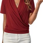 بلوزة كاجوال بقبة V متقاطعة واكمام قصيرة ولون سادة للنساء