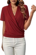بلوزة كاجوال بقبة V متقاطعة واكمام قصيرة ولون سادة للنساء