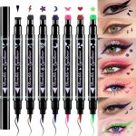 evpct 7Pcs Colored liquid Eye Liners Face Stamp Cosplay Gothic Makeup Set Kit for Beginners, Black Brown Purple Blue Red Pink Green Star Flowers Heart Moon Triangle Lightning Butterfly Stamps Eyeliner