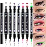 evpct 7Pcs Colored liquid Eye Liners Face Stamp Cosplay Gothic Makeup Set Kit for Beginners, Black Brown Purple Blue Red Pink Green Star Flowers Heart Moon Triangle Lightning Butterfly Stamps Eyeliner