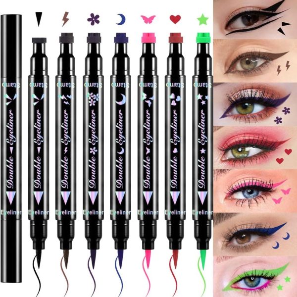 evpct 7Pcs Colored liquid Eye Liners Face Stamp Cosplay Gothic Makeup Set Kit for Beginners, Black Brown Purple Blue Red Pink Green Star Flowers Heart Moon Triangle Lightning Butterfly Stamps Eyeliner