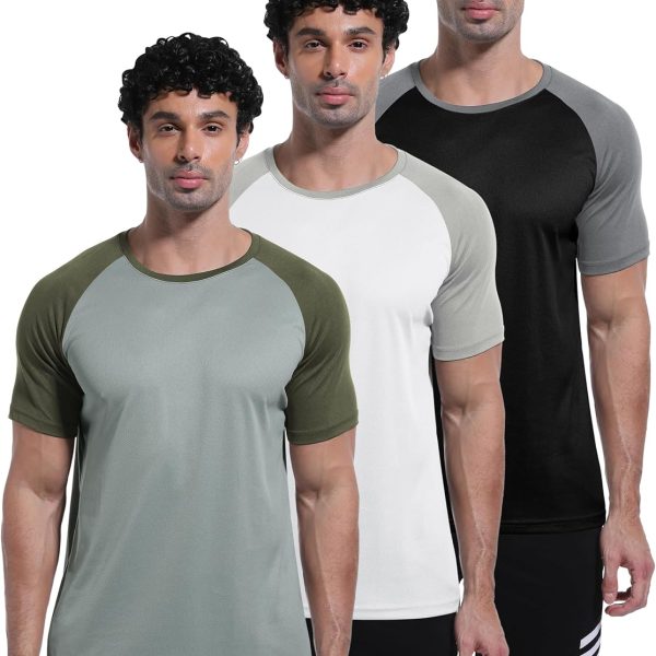 تي شيرت رياضي سريع الجفاف وجيد التهوية باكمام قصيرة للرجال من 3 قطع