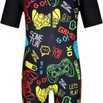 هواانيو ملابس سباحة باكمام قصيرة للاولاد بعمر 3-12 سنة، ملابس سباحة قطعة واحدة بلون كحلي للحماية من الشمس فوق 50+ ملابس سباحة بعامل حماية من الاشعة فوق البنفسجية ملابس رياضية دافئة لركوب الامواج في