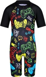 هواانيو ملابس سباحة باكمام قصيرة للاولاد بعمر 3-12 سنة، ملابس سباحة قطعة واحدة بلون كحلي للحماية من الشمس فوق 50+ ملابس سباحة بعامل حماية من الاشعة فوق البنفسجية ملابس رياضية دافئة لركوب الامواج في