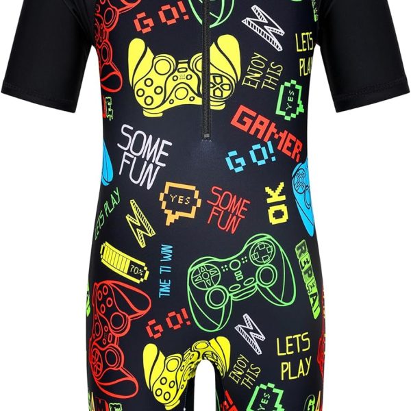 هواانيو ملابس سباحة باكمام قصيرة للاولاد بعمر 3-12 سنة، ملابس سباحة قطعة واحدة بلون كحلي للحماية من الشمس فوق 50+ ملابس سباحة بعامل حماية من الاشعة فوق البنفسجية ملابس رياضية دافئة لركوب الامواج في