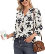 ⁦جويكا بلوزة كاجوال من الشيفون للنساء باكمام 3/4 ورقبة على شكل حرف V، بلوزة فضفاضة⁩ - الصورة ⁦2⁩